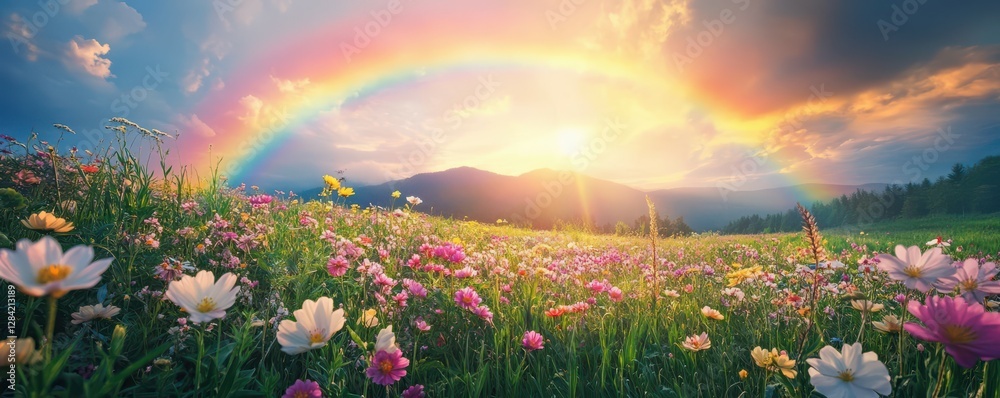 Obraz premium Vibrant sunset over mountain meadow with rainbow and wildflowers