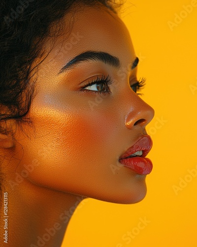 Radiant Portrait of a Woman with Glowing Skin Against a Vibrant Yellow Background in Golden Light