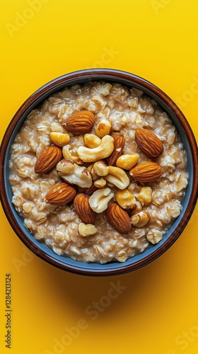 Healthy Oatmeal Bowl Topped With Nuts on a Vibrant Yellow Background for Brea...