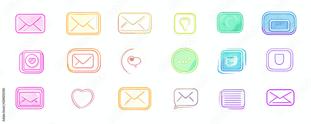 Colorful linear icons set of mail and communication elements in flat style.