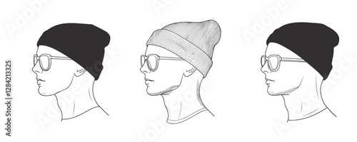 Flat linear icons set: profile views with hats and sunglasses vector.