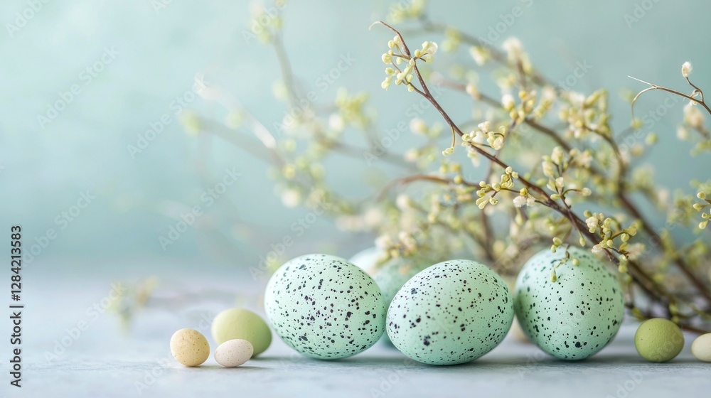Fototapeta premium Pastel Easter Eggs and Blooming Branches Symbolizing Renewal and Spring Celebration