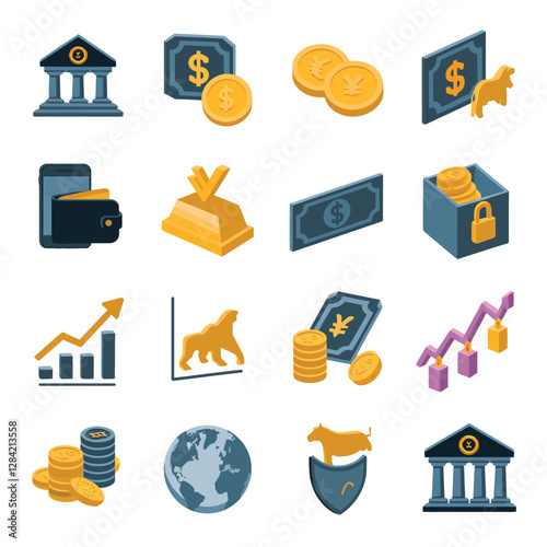 vector colorful economy trading graph cash money linked with curved dash line over the world bank 
