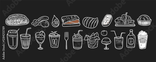 Flat linear icons set of food and drink items including bread and drinks.