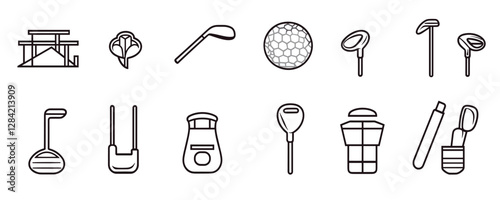 Flat linear icons set of golf equipment and accessories in vector style.