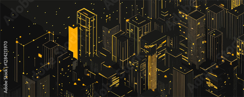Futuristic cityscape icons set in linear style - vector design with illuminated buildings.