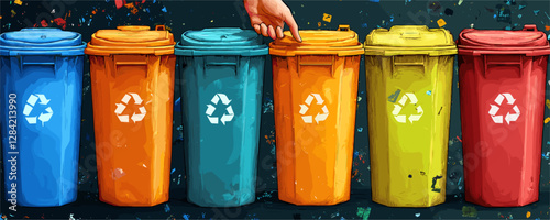 Flat icons set of colorful recycling bins vector with hand touching lids.