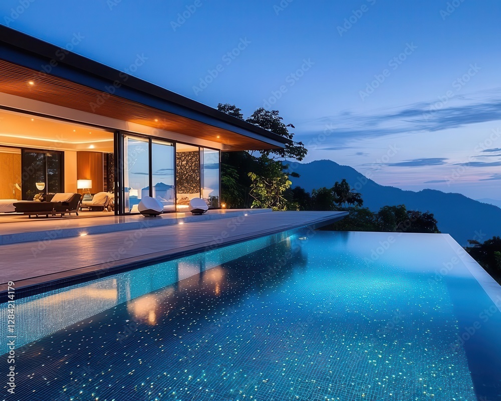 Fototapeta premium Contemporary luxury villa with solarpowered infinity pool, Single Detached House Luxury Home Energy Efficiency, ecoconscious indulgence