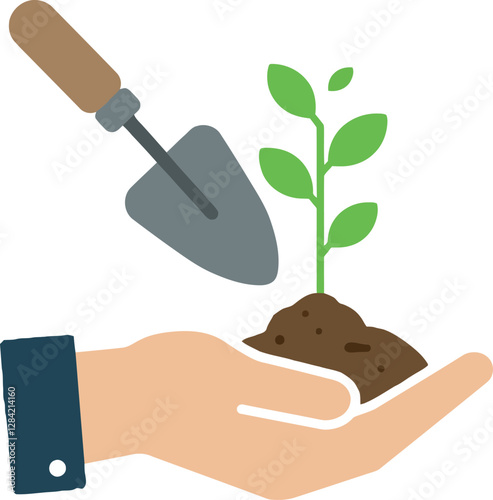A hand holding soil with a small plant and a trowel in a flat and minimal vector illustration style conveying growth and care for the environment