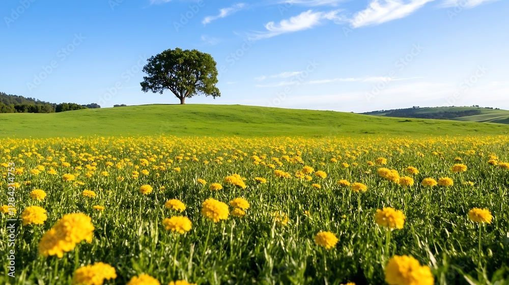 Fototapeta premium Vibrant Yellow Dandelion Flowers in a Green Pasture with a Lonely Tree : Generative AI
