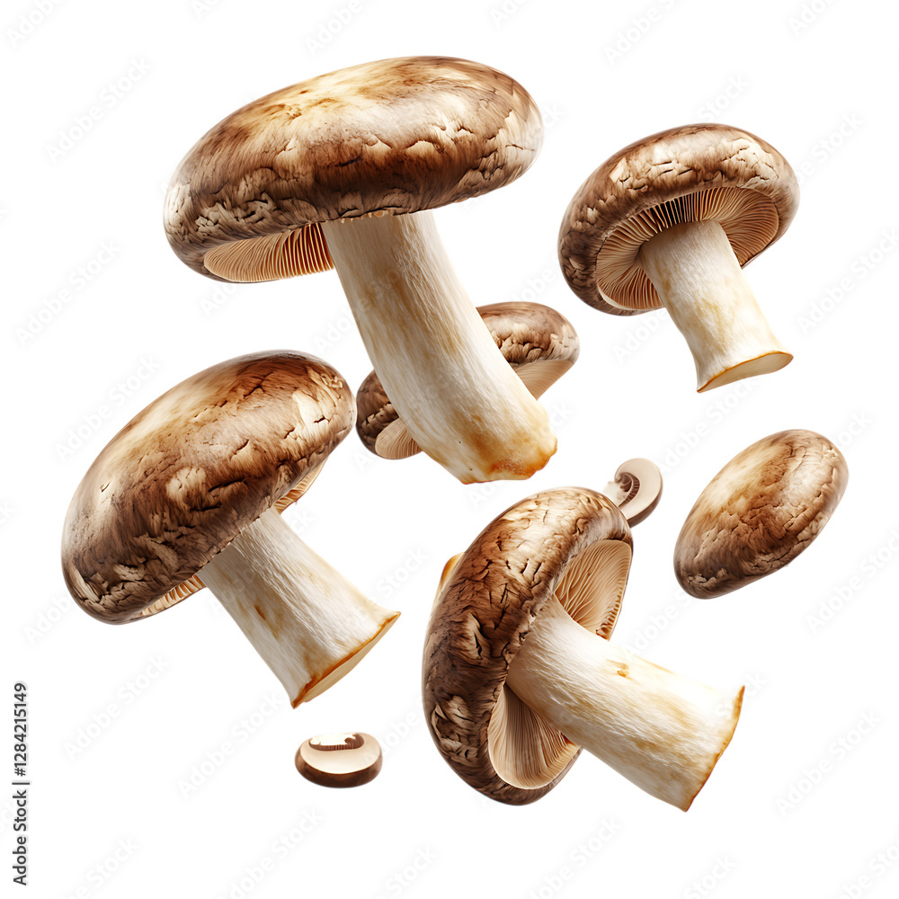 Fototapeta premium Brown Mushrooms Falling PNG Against Transparent Background for Organic Food, Culinary Design, or Natural Ingredient Promotions