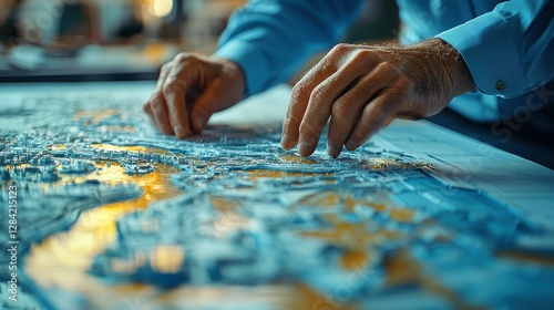 Hands Examining a Detailed City Model for Urban Planning and Architectural Design Analysis photo