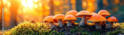 Wallpaper Mural Group of Orange Capped Mushrooms Amidst Moss in Forest Sunlight Torontodigital.ca