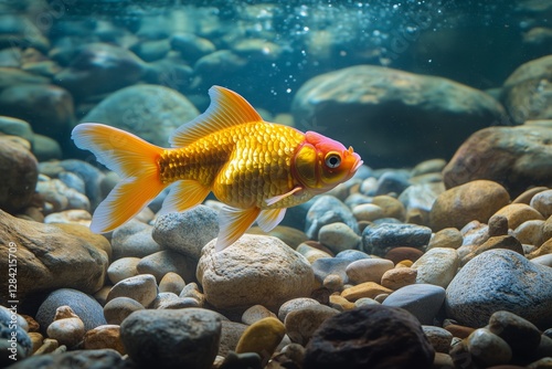 Goldfish Swimming Gracefully Among Pebbles in a Vibrant Aquarium Landscape
