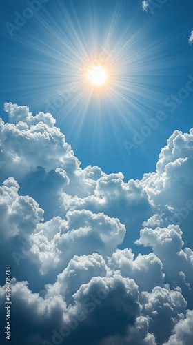 Bright Sun Shining Over Fluffy Clouds on a Clear Blue Sky During Midday