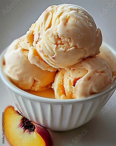 there is a bowl of ice cream with a peach slice on the side