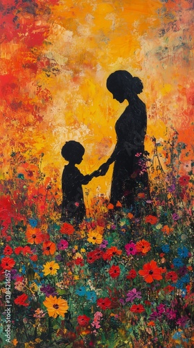 Mother and Child Holding Hands Amidst a Vibrant Flower Garden at Sunset