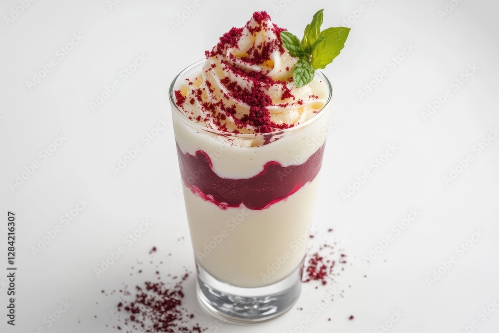 Creamy dessert layered with red berry and whipped cream Creamy dessert layered with red berry and whipped cream