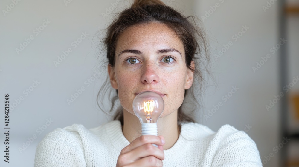 Woman holding lit lightbulb, focused expression, indoor setting, inspiration concept, possible use for stock photography Woman holding lit lightbulb, focused expression, indoor setting, inspiration concept, possible use for stock photography