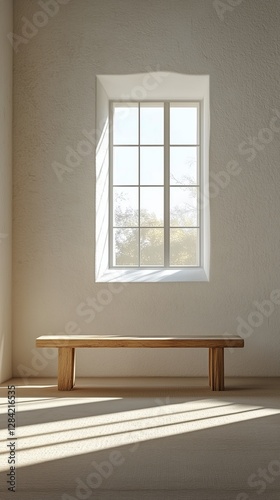 Natural Light Streaming Through a Window Casts Shadows on a Wooden Bench in a...
