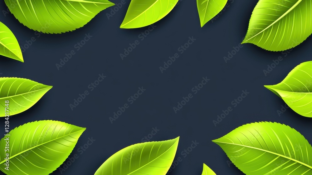 Arrangement of Vibrant Green Leaves Creating a Natural Border on Dark Background Arrangement of Vibrant Green Leaves Creating a Natural Border on Dark Background
