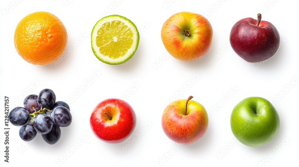 Variety of fresh fruits: oranges, apples, grapes, and lime on white background Variety of fresh fruits: oranges, apples, grapes, and lime on white background