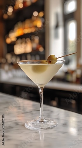 Classic Cocktail Served in Martini Glass With Olives in Modern Bar Setting