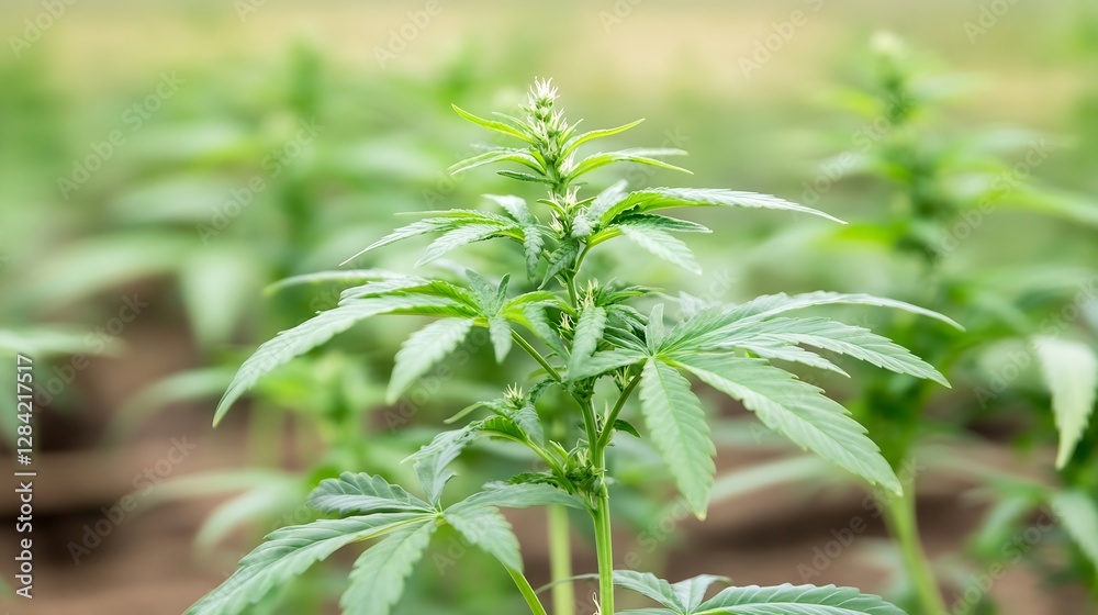 Naklejka premium Fresh Cannabis Plant Growing in a Lush Green Field Under Natural Sunlight : Generative AI