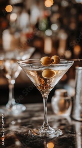 Close-up of a Martini With an Olive on a Bar Counter