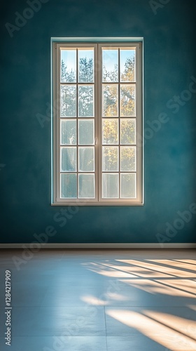 Natural Light Streams Into a Serene Room With Blue Walls and Large Windows in...