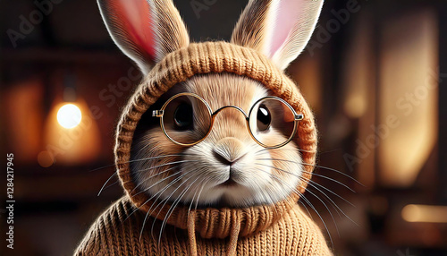 A highly detailed, ultra-HD 3D render of a cozy, fashionable rabbit with a handcrafted aesthetic sweater