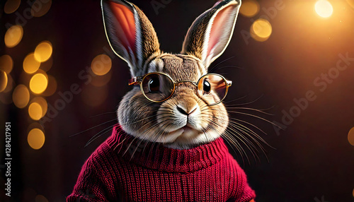 An ultra-realistic 3D render of a charming knitted-textured rabbit