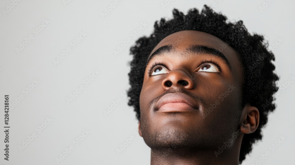 Obraz premium Man's face, looking up, with black hair and facial features clearly visible against a white background.