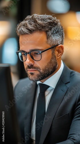 Focused Professional Working Late at a Modern Office With Ambient Lighting