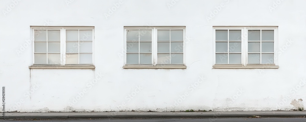 Three closed windows on white wall displaying minimalist architectural design Three closed windows on white wall displaying minimalist architectural design