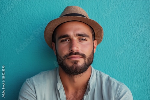 Man in Straw Hat and Denim Shirt Poses Against Vibrant Blue Wall in Urban Set...