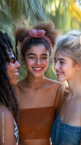 Friends Enjoy a Sunny Day Outdoors Smiling and Laughing Together at a Garden ...