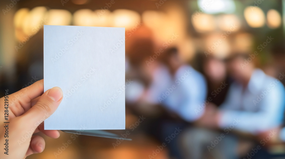 hand holding blank business card in front of blurred conference room hand holding blank business card in front of blurred conference room