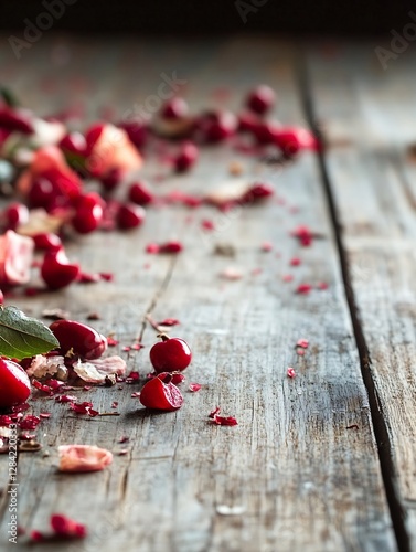 Scattered pomegranate seeds and rose petals on rustic wooden surface creating a lush texture : Generative AI