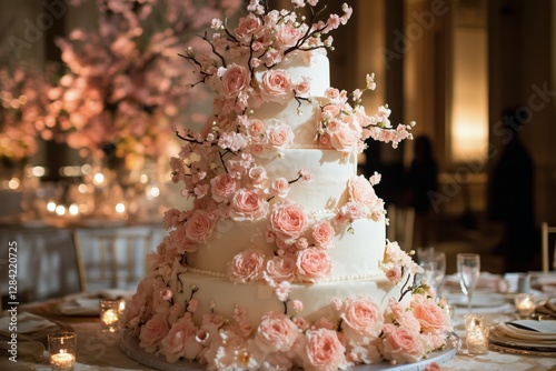 Elegant Wedding Cake Adorned With Roses and Cherry Blossoms at a Lavish Recep...