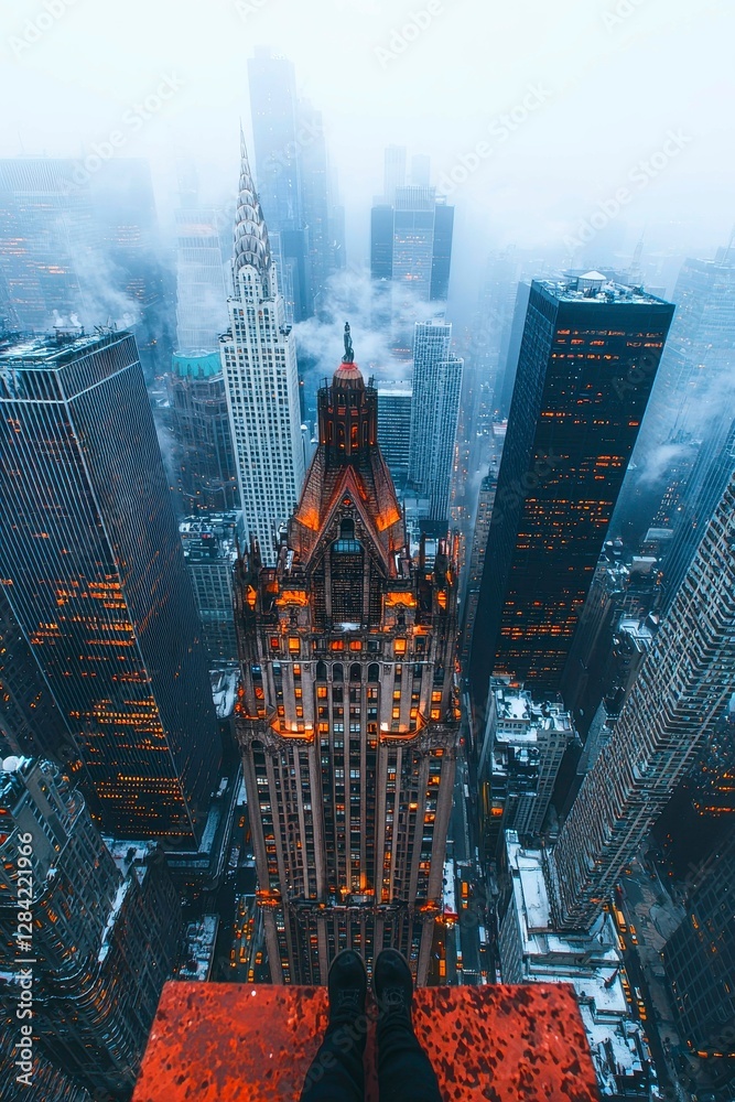 Naklejka premium Urban Heights Perilous Edge Adventure Overlook Amidst Cityscape Serenity and Cloudy Horizon Vista