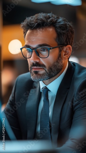 Focused Professional Working Late at a Modern Office With Ambient Lighting