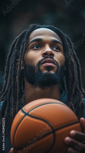 Focused Basketball Player Preparing for a Game in an Outdoor Court Setting at...