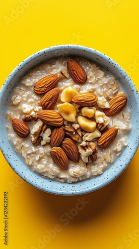Healthy Oatmeal Bowl Topped With Nuts on a Vibrant Yellow Background for Brea...