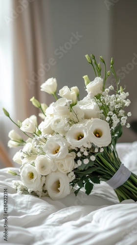 Beautiful White Flower Bouquet Resting on a Soft Bed in a Cozy Room During Mo...