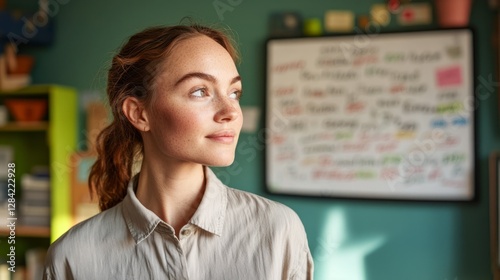 Free Download Woman standing near wall in room with bulletin board behind her. - GFXLoad