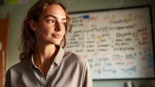 Free Download A woman stands in a room filled with sticky notes, appearing pensive or thoughtful, with her hair elegantly styled, dressed in a professional top, looking over her shoulder. - GFXLoad