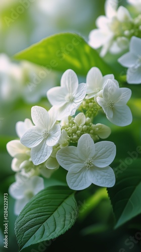 Delicate White Flowers Blooming Among Lush Green Leaves in a Serene Garden
