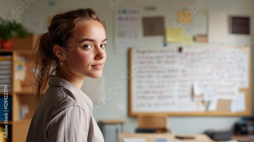 Free Download Woman standing in front of a whiteboard with multiple notes posted on it. - GFXLoad