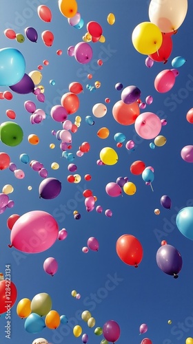 Colorful Balloons Floating in a Bright Blue Sky Over Green Trees During Dayti...